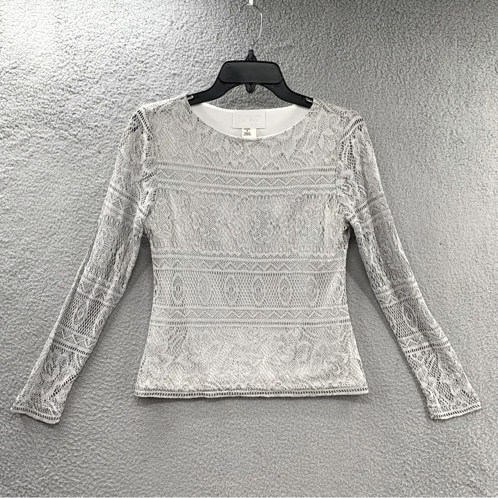 Vue Point Women S Long Sleeve Lace Croche Lined Metallic Gray Blouse Made in USA
